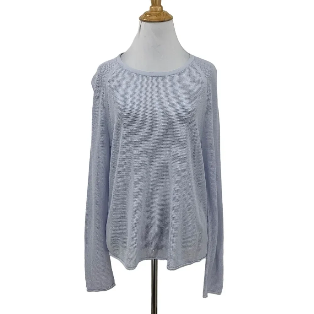 Eileen Fisher Crochet Sweater Womens M Medium Blue Tencel Lyocell Raglan Seams
